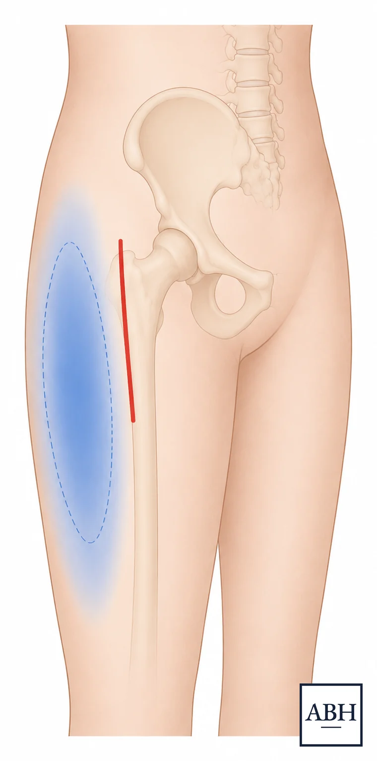 Front view of the hip and upper leg. A straight incision is marked over the front of the hip, and a shaded oval sits beside it on the outer thigh, marking the area where numbness is usually noticed.