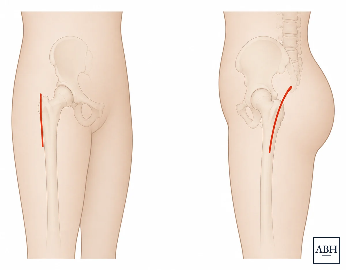 Two views of the hip. On the left, a front view of the pelvis and upper leg with a straight incision marked over the front of the hip for the direct anterior approach. On the right, a rear view of the same hip with a curved incision marked behind the joint for the STAR approach.