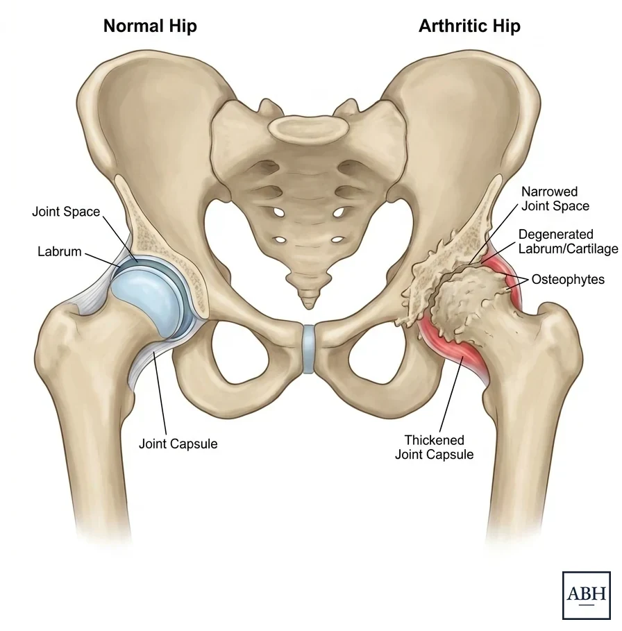 Anatomical comparison of a normal hip and an arthritic hip, showing the healthy joint space, labrum, and joint capsule on the left, and narrowed joint space, degenerated labrum and cartilage, osteophytes, and a thickened joint capsule on the right.