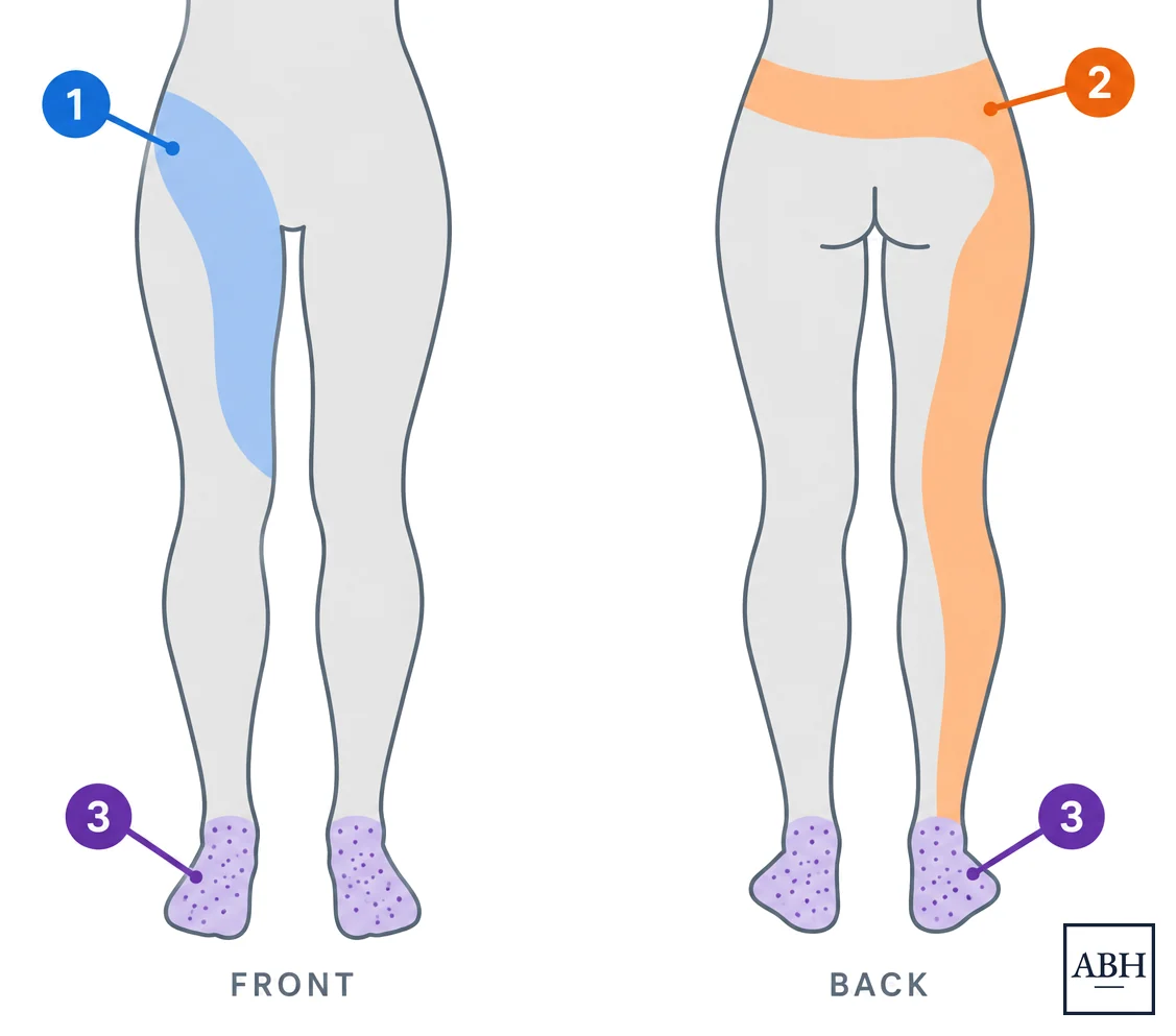 Front and back views of the lower body showing three areas where pain is felt. One, the front of the hip and thigh, running down toward the knee. Two, the belt line, the buttock, and down the back of the leg. Three, the feet, marked for numbness or tingling.