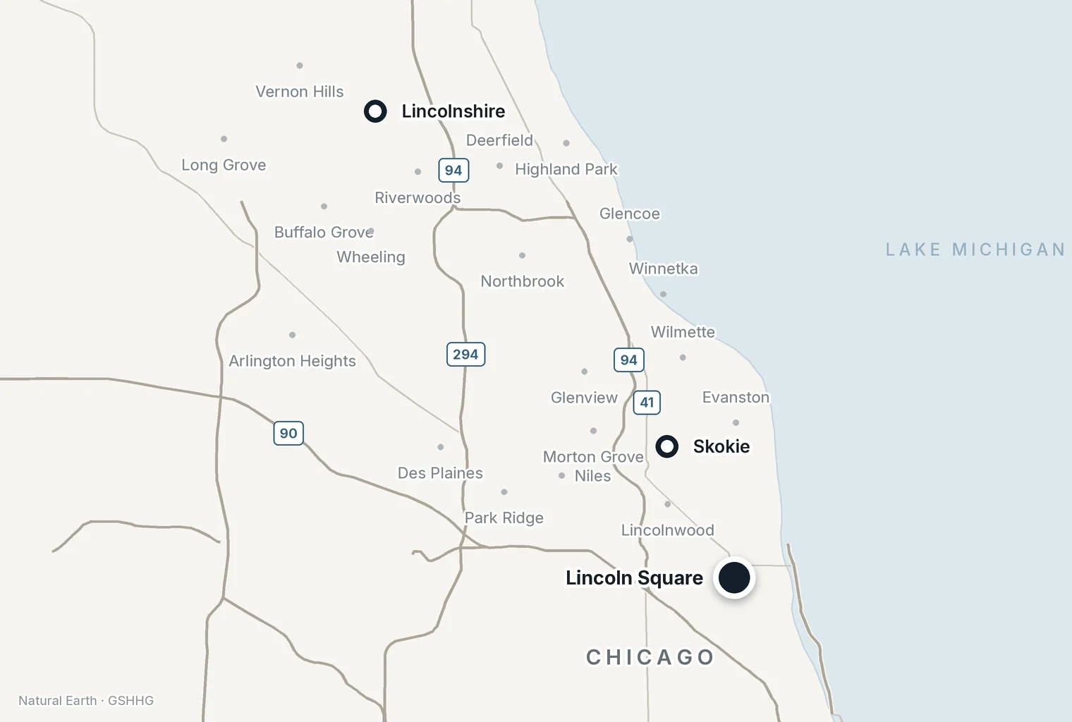 Map of the Chicago area showing Dr. Harris's three offices: Lincolnshire on the North Shore, Skokie, and Lincoln Square in Chicago.