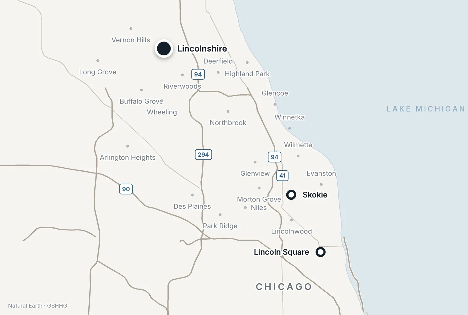 Map of the Chicago area showing Dr. Harris's three offices: Lincolnshire on the North Shore, Skokie, and Lincoln Square in Chicago.