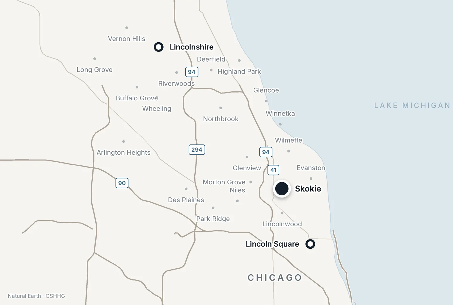 Map of the Chicago area showing Dr. Harris's three offices: Lincolnshire on the North Shore, Skokie, and Lincoln Square in Chicago.